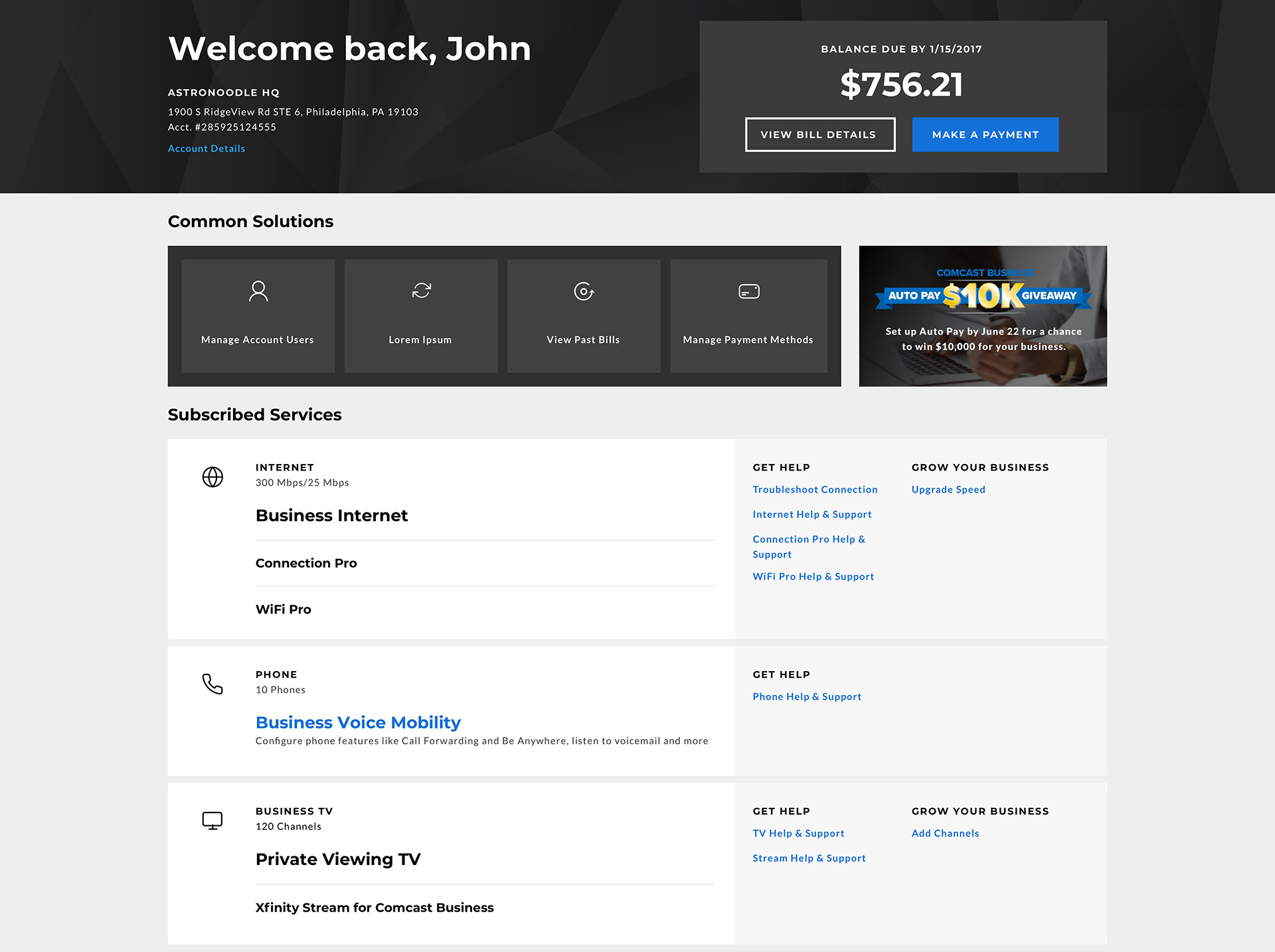 Comcast: Old My Account Section