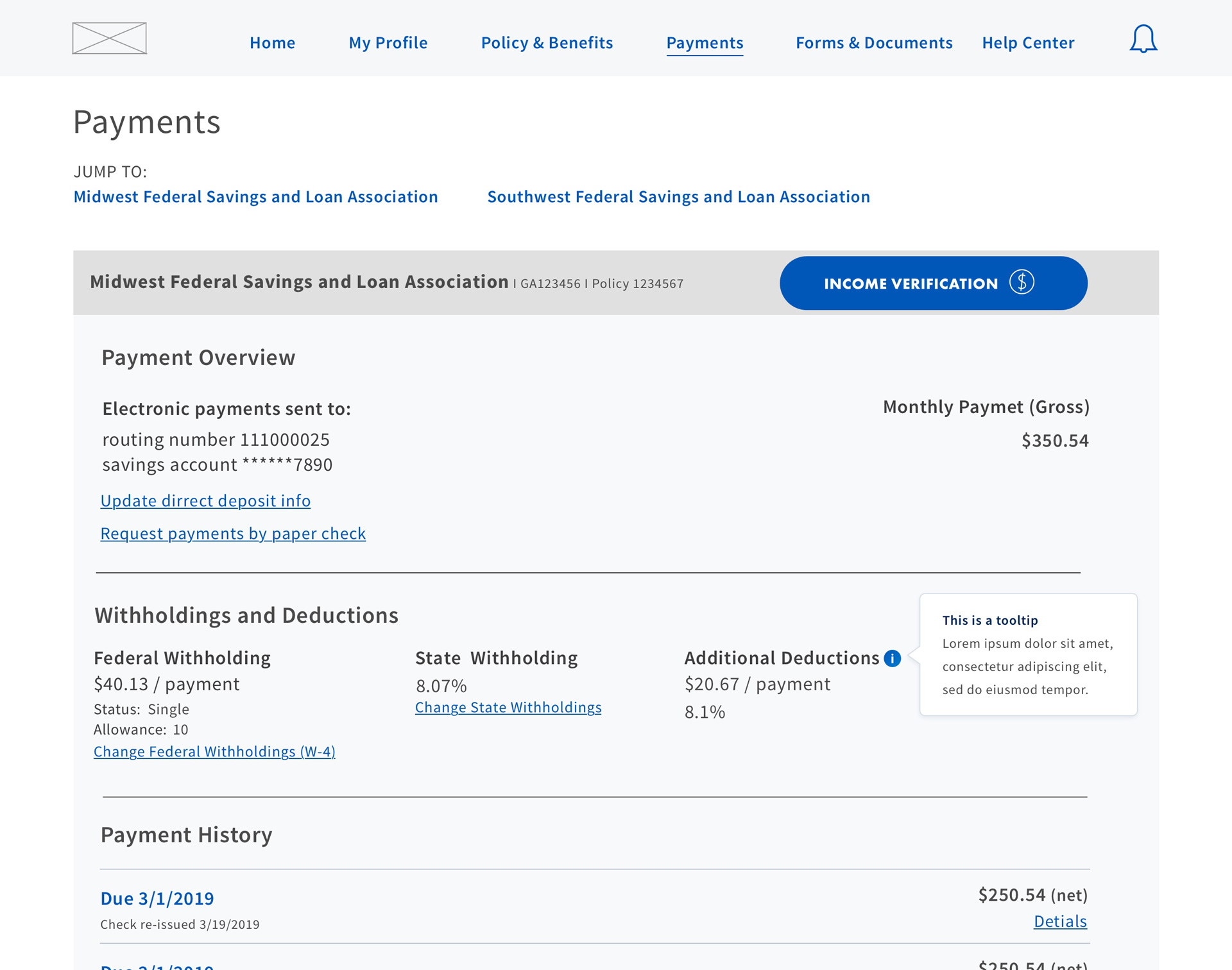 Pensions: Payments Wireframe